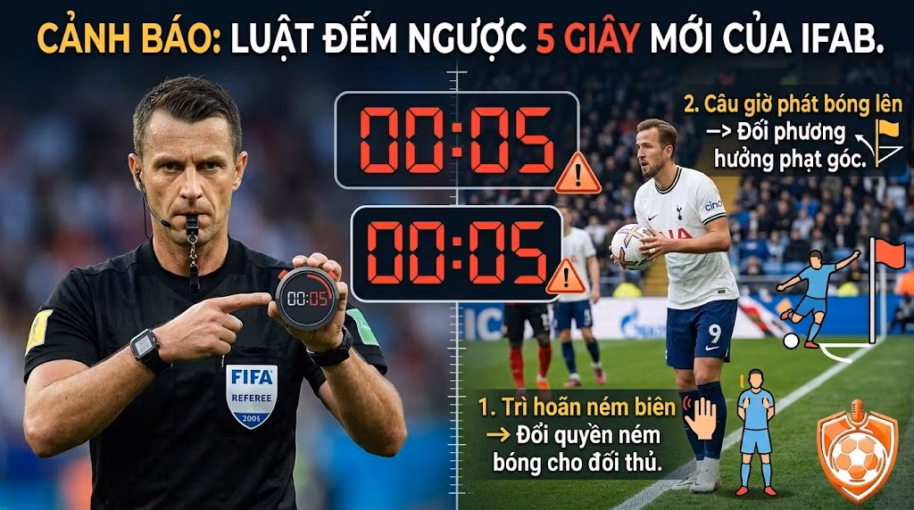Luật bù giờ và chống câu giờ mới nhất: Đếm ngược 5 giây, thẻ đỏ và quyền hạn VAR