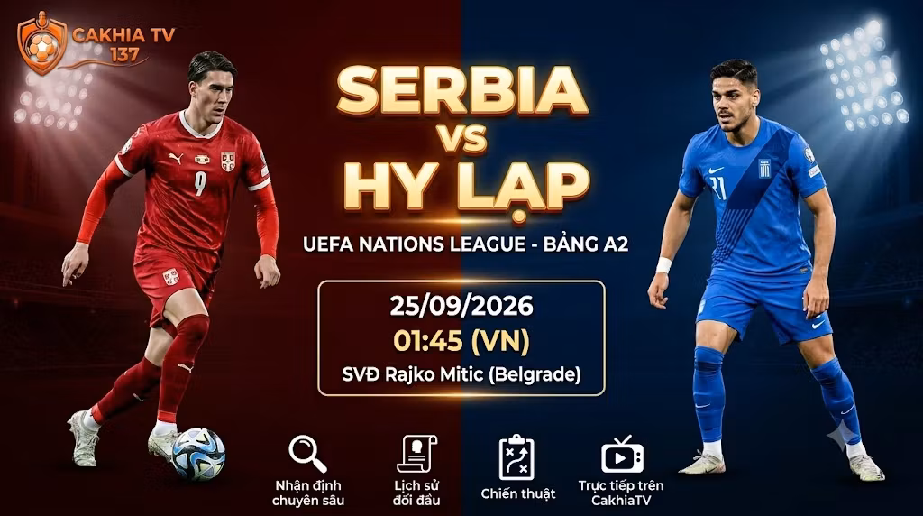 Nhận định trực tiếp bóng đá Serbia vs Hy Lạp lúc 01h45 ngày 25/09/2026 giải UEFA Nations League trên CakhiaTV.